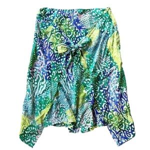 Paperwhite Silk Faux Wrap Watercolor Print Skirt Green Blue Multicolor Size 6